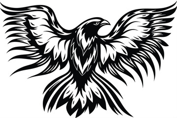 A stylized eagle spreads its patterned wings with intricate feather details in bold black lines