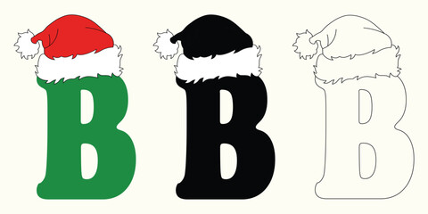 Christmas Letter B in Three Styles coloring, silhouette, and outline vector with Santa Hat – Festive Alphabet Vector Set.
