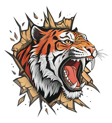 Fierce Tiger Breaking Through Wall Illustration.