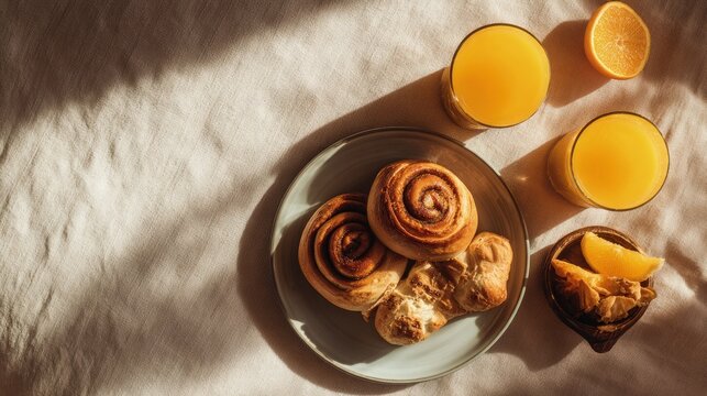 Flat lay of breakfast pastries bagels cinnamon rolls and fresh orange juice bright natural lighting