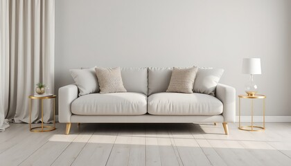 Fototapeta premium Neutral Toned Interior Design Featuring a Cream Sofa with Accent Pillows and Gold Side Tables Complimented by Soft Natural Light