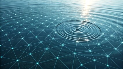 Abstract digital network overlay on rippling water surface with sunlight reflection creating a sense of connection and flow