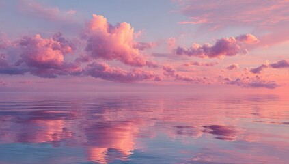 Fototapeta premium Pink sunset over calm water. Soft pink clouds reflect in glassy water
