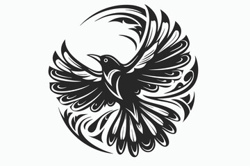 A stylized black bird is gracefully flying, showcasing intricate artistic feather details