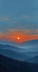 Fototapeta premium Sunrise over misty mountain ranges. Sunrise paints the sky with oranges and soft blues. Misty valleys and mountains stretch into the distance