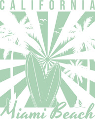 California Miami Beach Surfboards Palm Trees Sun Rays isolated on a transparent background