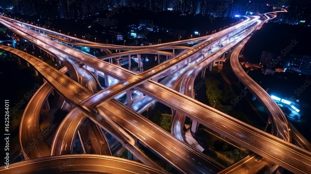 Aufkleber aerial view of illuminated city highway at night with complex interchanges and traffic flow in an ur