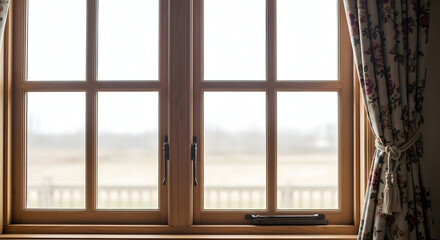 Rustic Wooden Window with Floral Curtains Countryside View