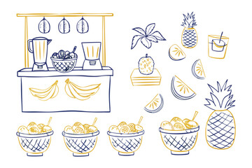 Tropical Fruit Stand Illustration: A vibrant illustration showcases a delightful array of fresh fruits, including pineapples, bananas, and tropical smoothie.
