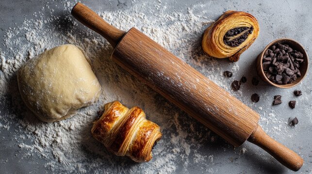 A bakers flat lay pastry rolling pin flour dough scraps and freshly baked pain au chocolat