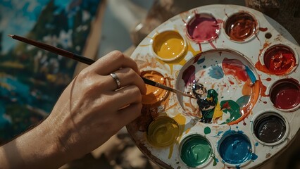 Artist Painting Sunset Seascape Through Coastal Arch – Creative Close-Up with Color Palette