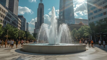 Modern City Plaza with Fountain and Skyscrapers – Vibrant Urban Scene