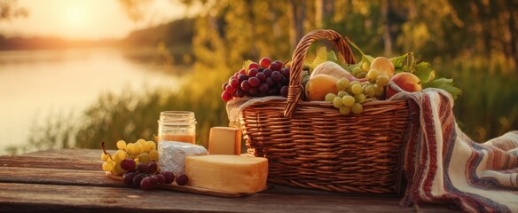 The idyllic picnic basket filled with fruits and cheeses by the lakeside during sunset.