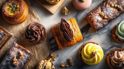 Flat lay of assorted French pastries on a marble counter warm morning light rustic wooden background crumbs scattered