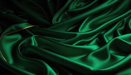 Obraz premium Emerald green satin fabric with a subtle golden trim, draped artistically in soft flowing folds