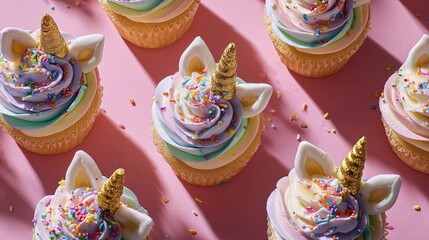 Flat lay of unicorn cupcakes pastel glitter frosting golden horns and rainbow sprinkles dreamy lighting