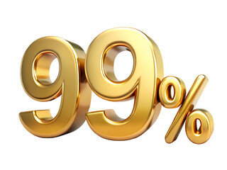 Bold golden 3 D numbers 99 with a percent sign isolated on a transparent background percentage
