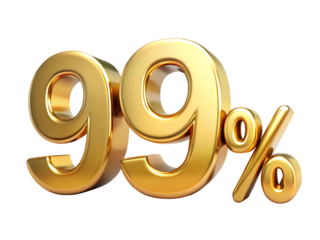 Bold golden 3 D numbers 99 with a percent sign isolated on a transparent background percentage