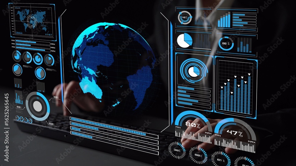 Poster high-tech global network connection interface showing worldwide digital communication, data exchange