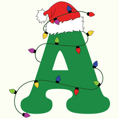 Festive Green Letter A with Santa Hat and Christmas Lights Vector Illustration.