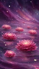 Glowing Pink Flowers On Purple Cosmic Background