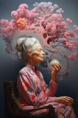 elderly woman with Alzheimer's reflecting on memories in a serene, artistic setting with vibrant colors and abstract forms