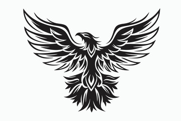 Black eagle with stylized spread wings is featured on a white background