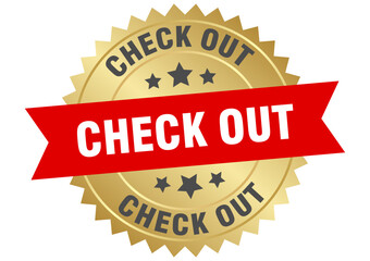 check out. check out round red and gold label isolated on transparent background