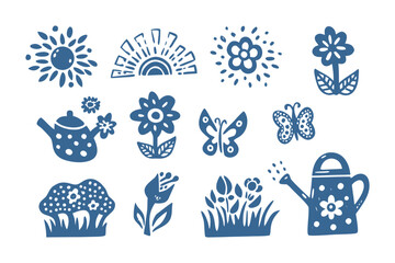 Artistic Garden Symbols: A collection of charming, hand-drawn garden-themed icons in a minimalist illustration style, featuring a variety of flowers, butterflies.