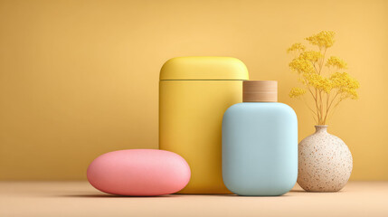 Pastel Colored Cosmetic Containers with Flowers on Yellow Background