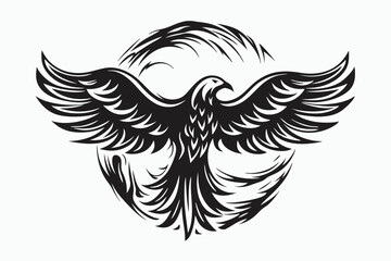 Black eagle soars majestically with wide wings against an oval shape backdrop