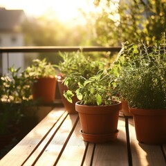 Potted Herbs on a Wooden Terrace in Soft Morning Light