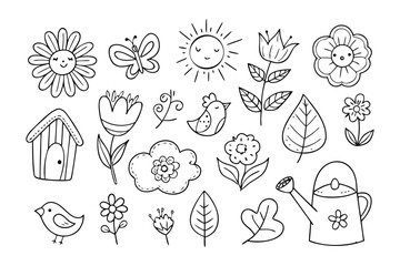 Springtime Doodle Delights: A cheerful collection of hand-drawn illustrations celebrating the vibrant essence of springtime, each element radiating charm and joy. 