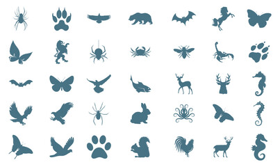 Collection of animal silhouettes includes wildlife, insects, sea creatures and mythical beast