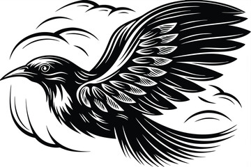 Black patterned bird soars gracefully, its detailed wings spread wide within the abstract design