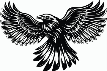 Obraz premium Black stylized raven soars with wings outstretched in monochrome elegance against a white backdrop