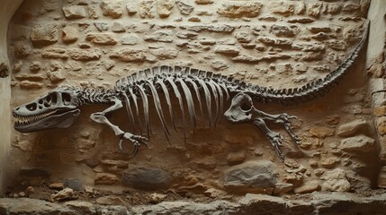 Fototapeta premium Complete Fossilized Skeleton of a Plesiosaur in Exhibitory Setup