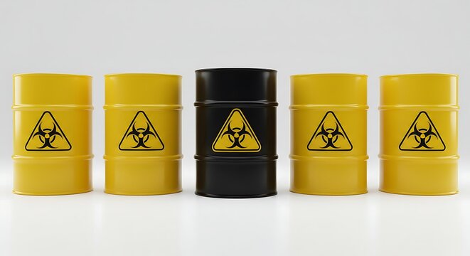 Biohazard barrels row with a black barrel in the middle concept