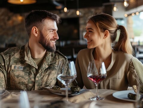 Photo of a military couple enjoying a quiet dinner together after a long deployment, smiling across the table