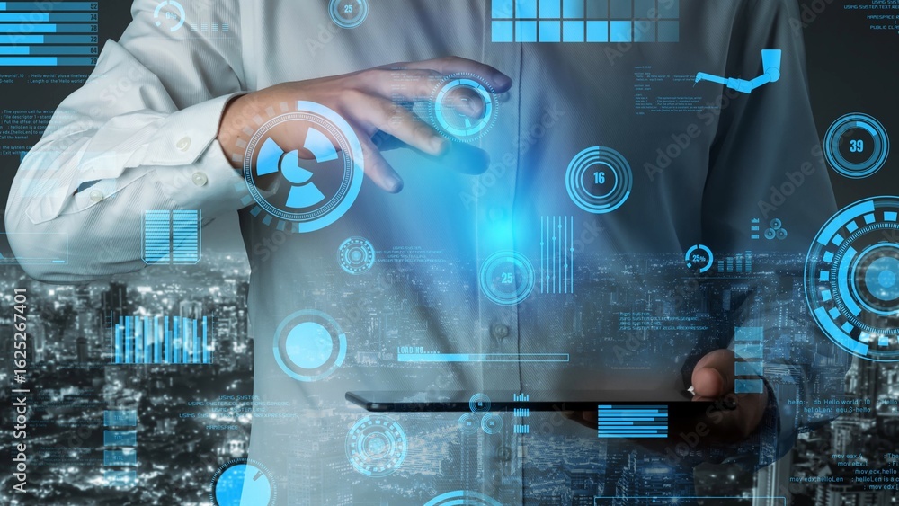 Poster a businessman interacts with a tablet displaying digital data visualizations, set against an urban s