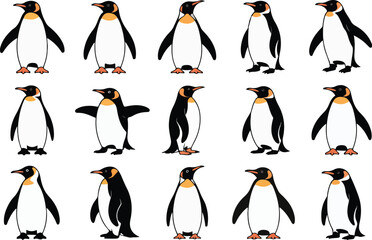 Set of cartoon penguins on white background
