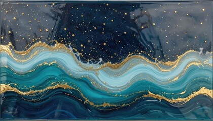 Abstract Resin Art: Night Sky with Waves of Teal and Gold