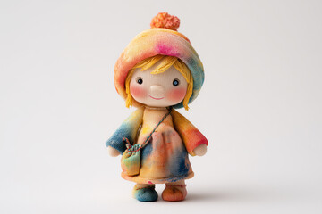 Handcrafted Baby Doll in Soft Yarn and Felt with a Colorful Rainbow Hat and Dress on a White Background