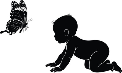 Curious baby crawling, butterfly interaction, nature exploration, child silhouette, black and white photo, emotional moment, innocence, discovery, stock image