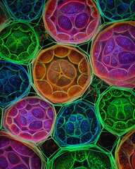 Art Deco style: microscopic pattern abstraction, stylized cells with precise deco symmetry, vivid lab colors