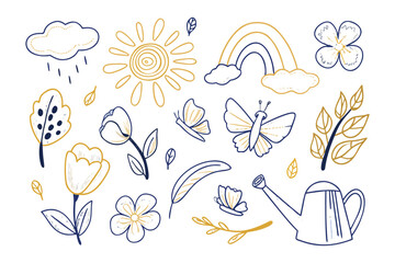 Drawn Spring Elements: A delightful set of hand-drawn elements, featuring iconic signs of spring. Including sun, rain, flowers and butterflies.