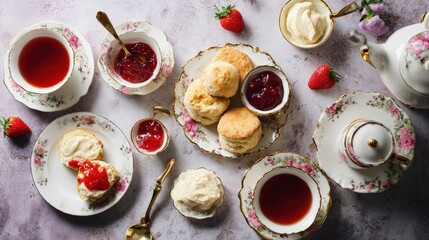 Flat lay of high-tea pastries scones clotted cream strawberry jam and vintage teacups