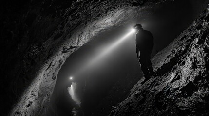 Fototapeta premium Lone Figure Clad in Headlamp Navigates Dark Labyrinthine Pathway