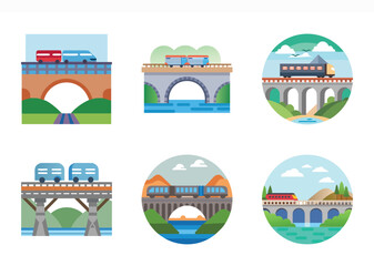 Set of six colorful, flat design train transportation images on bridges