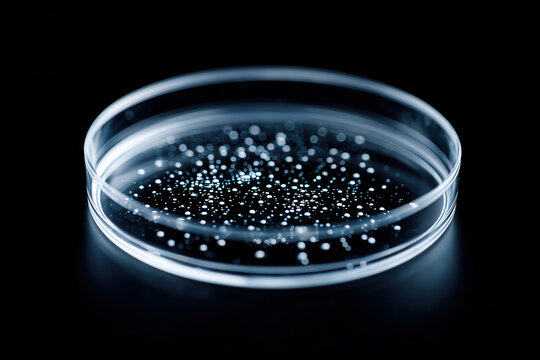 Petri dish with cell culture showing bacterial colonies on black background, scientific laboratory concept with glowing effect